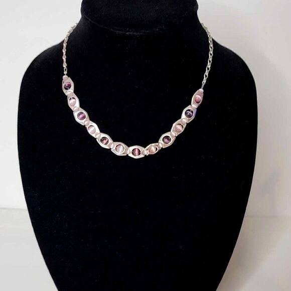 Retro unique Silver amethyst cats eye crystal necklace - Picture 2 of 6